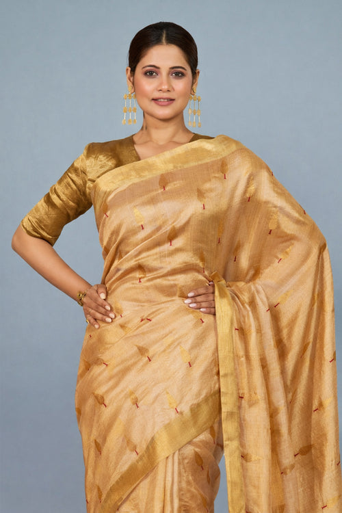 Warm ivory gold silk sari with handwoven buta design