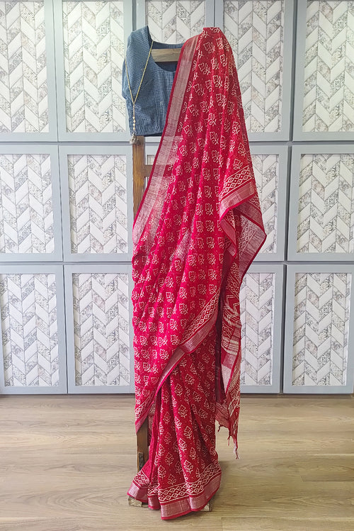 Red printed linen saree