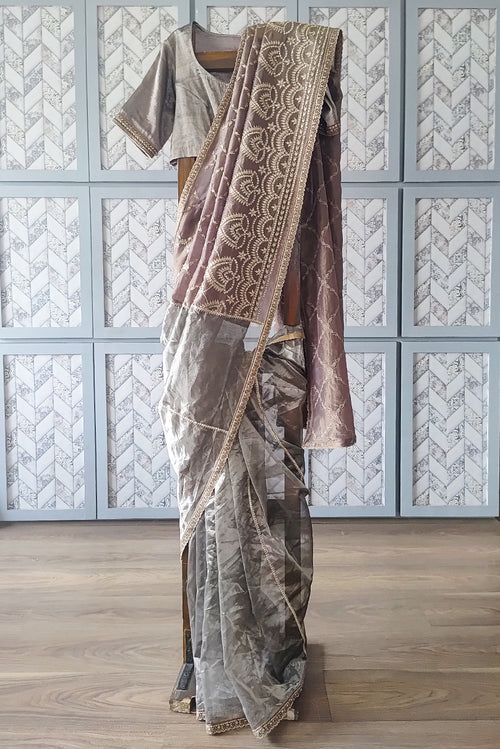 Half half queen silver tissue sari
