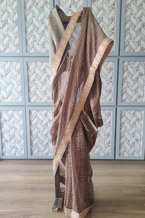 Choco checks handwoven zari silk sari