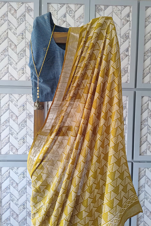 Yellow printed linen saree