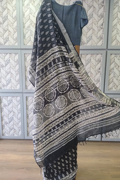 Blue printed linen saree