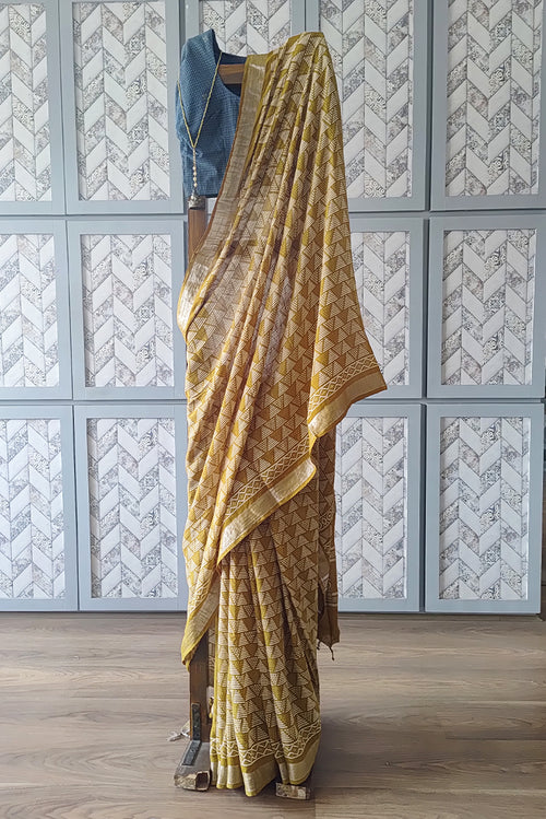 Yellow printed linen saree