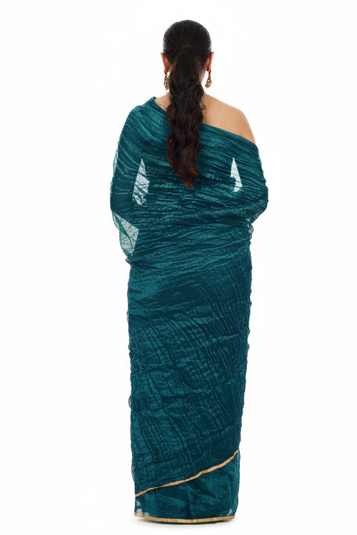 Teal crushed tissue saree