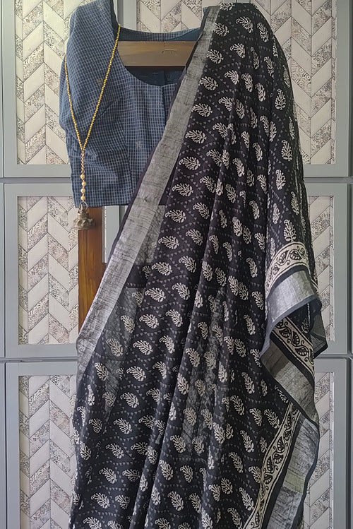 Blue printed linen saree