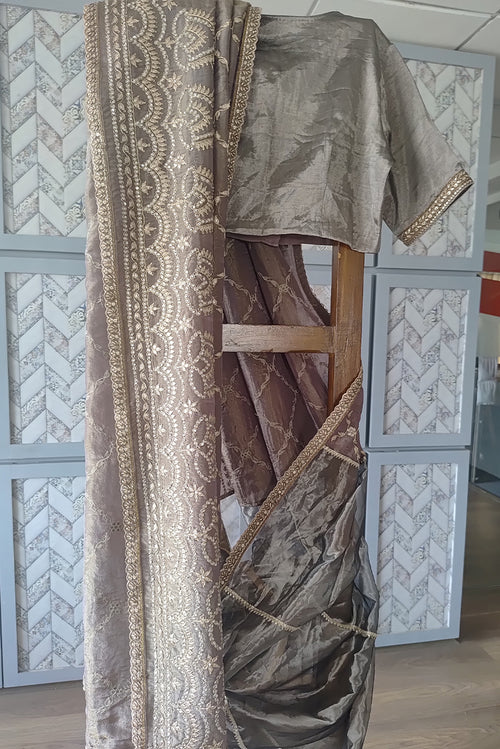 Half half queen silver tissue sari