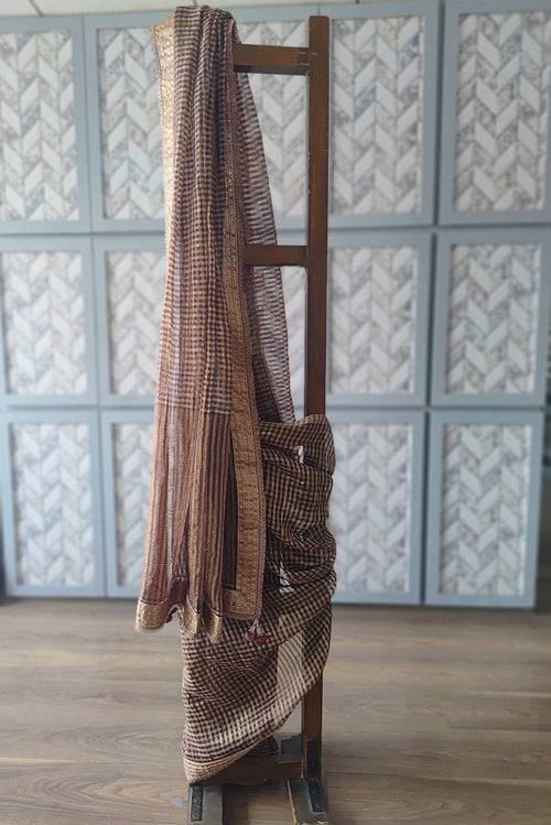 Choco checks handwoven zari silk sari