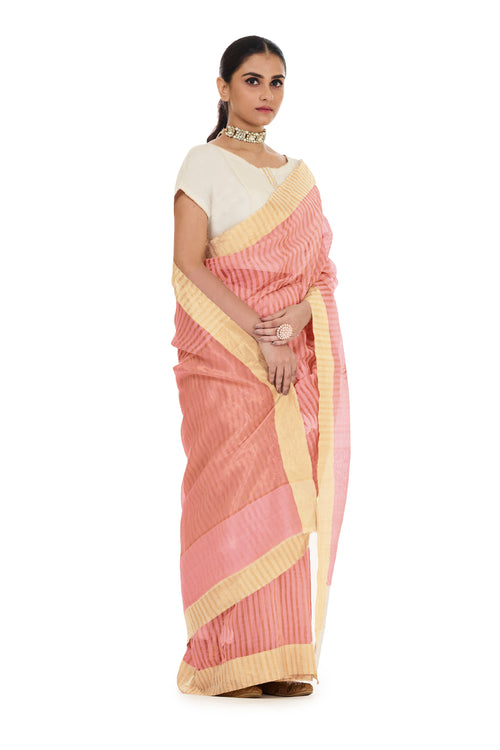 Pink stripes silk sari