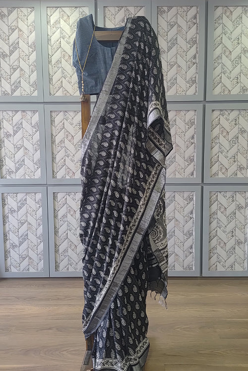Blue printed linen saree