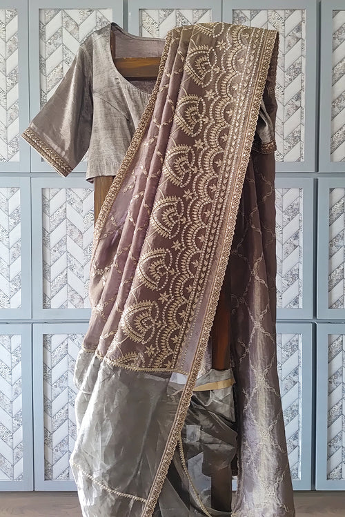 Half half queen silver tissue sari
