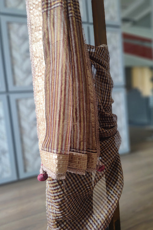 Choco checks handwoven zari silk sari