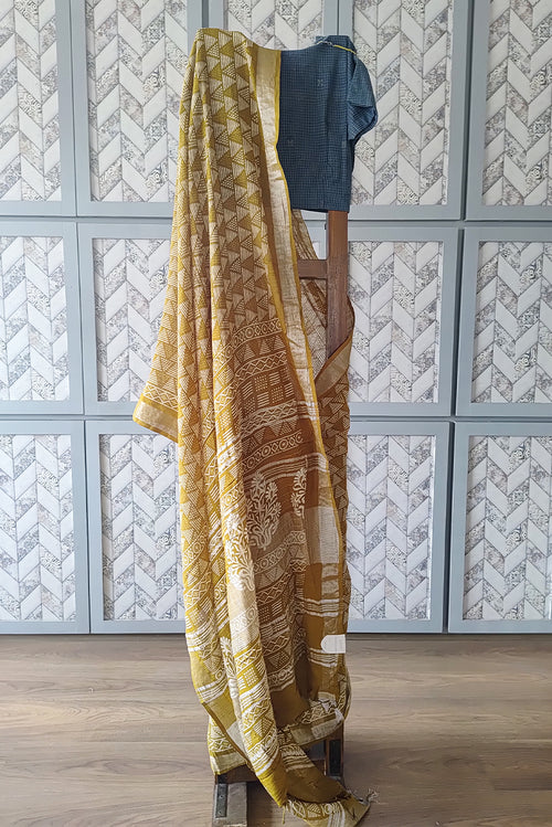 Yellow printed linen saree