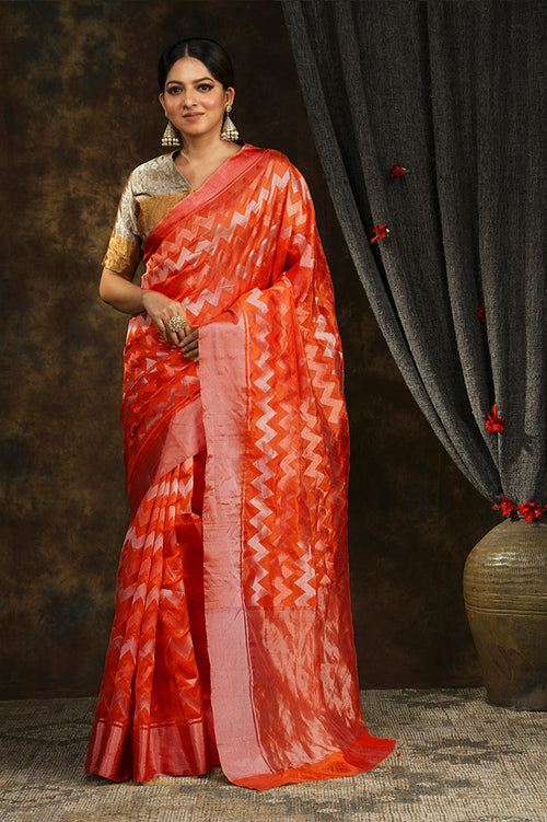 Red silk sari with chevron design