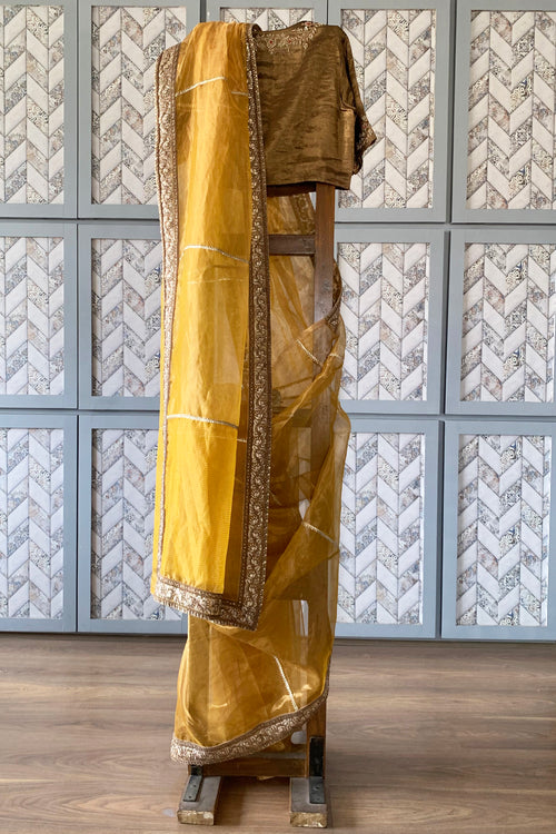 Yellow handwoven tissue silk sari