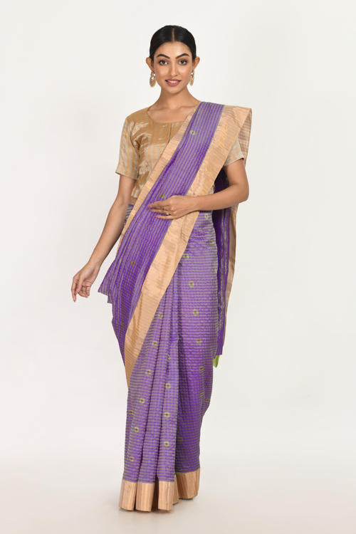 Purple Checks handwoven silk sari