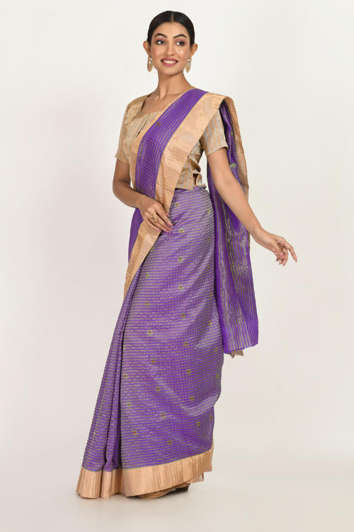 Purple Checks handwoven silk sari
