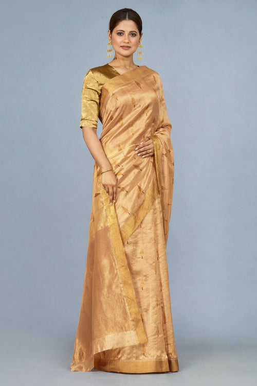 Warm ivory gold silk sari with handwoven buta design