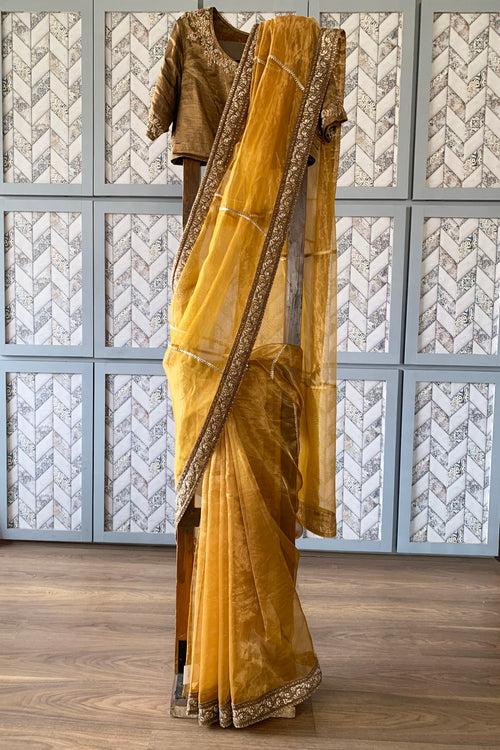 Yellow handwoven tissue silk sari