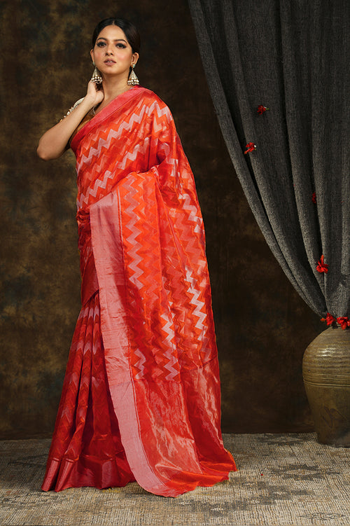 Red silk sari with chevron design