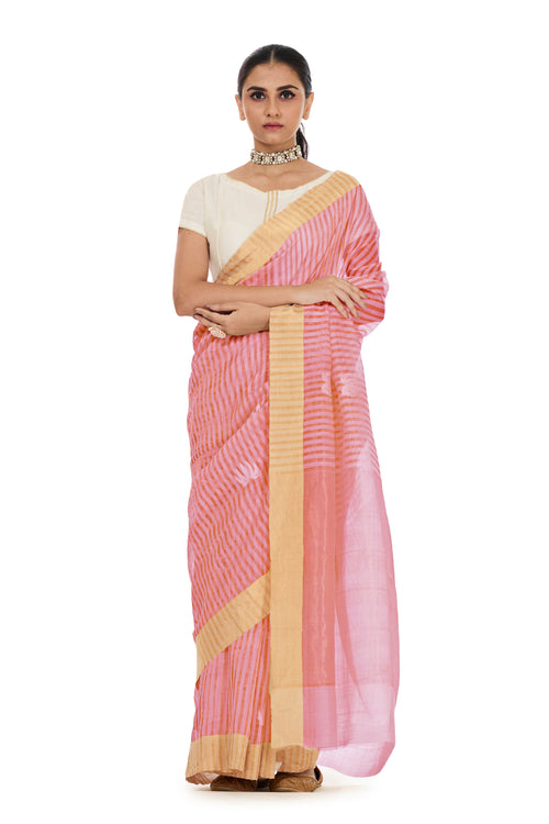 Pink stripes silk sari