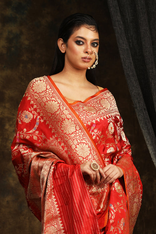 Red Banarasi jaal motif handwoven sari