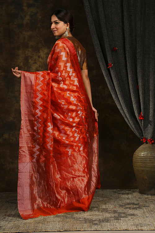 Red silk sari with chevron design