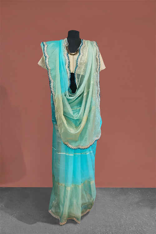 AQUA BLUE SCALLOPED SAREE