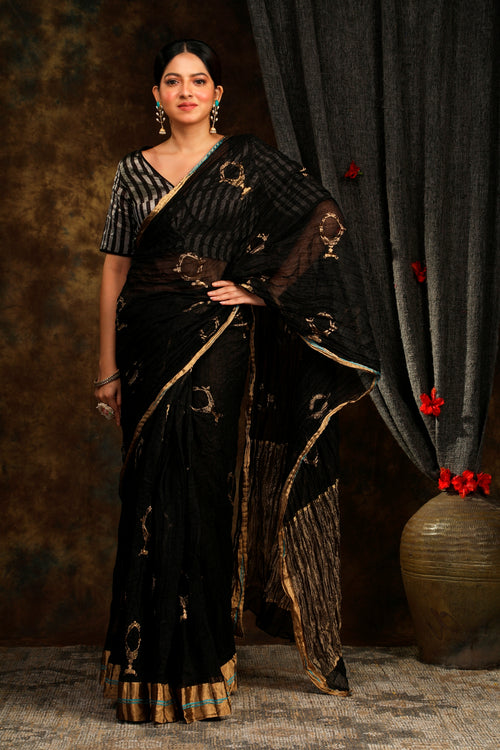 Crushed black sari with aina buti