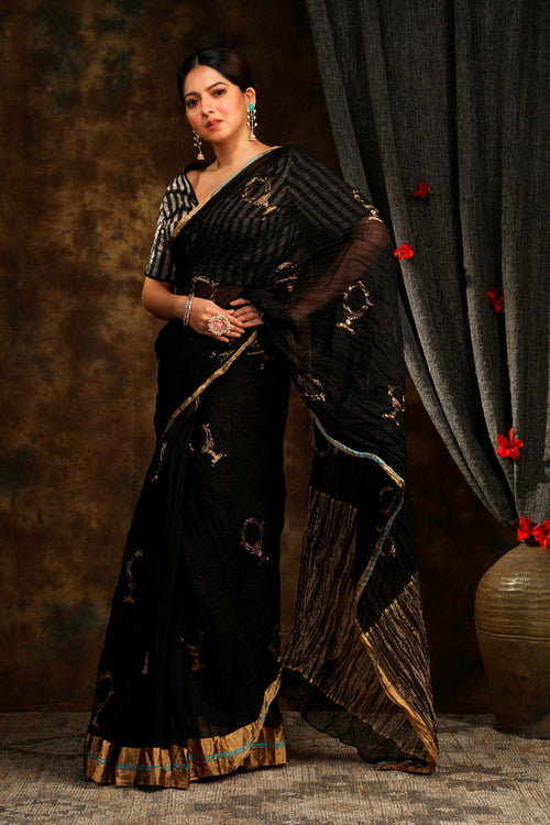 Crushed black sari with aina buti