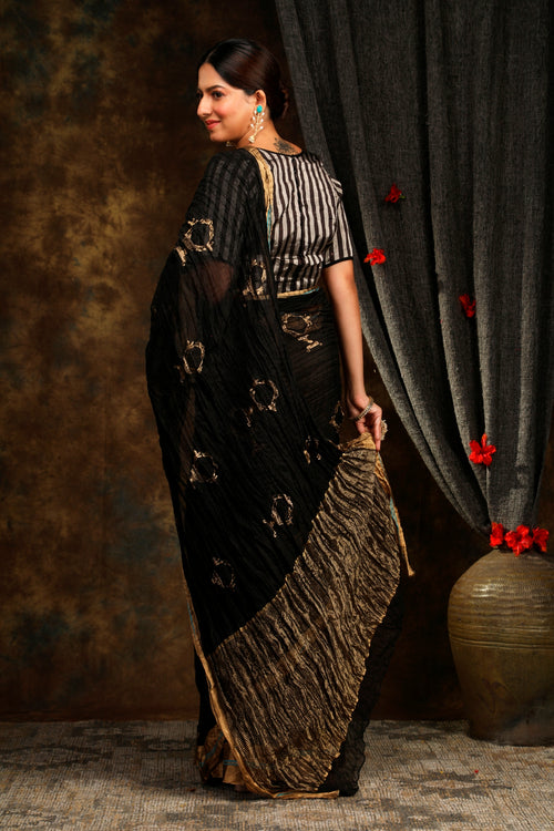 Crushed black sari with aina buti