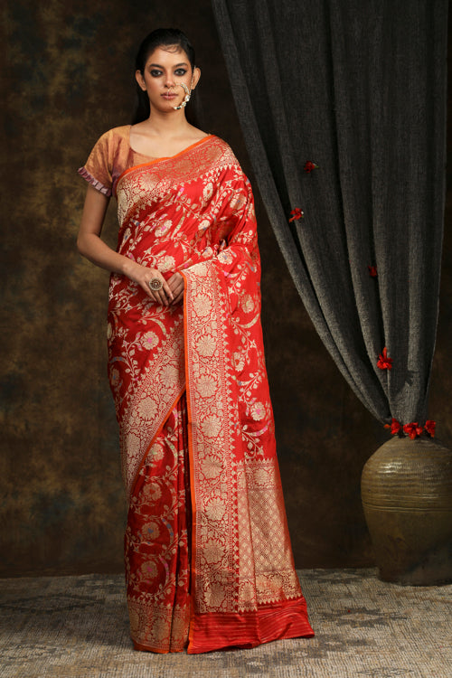 Red Banarasi jaal motif handwoven sari