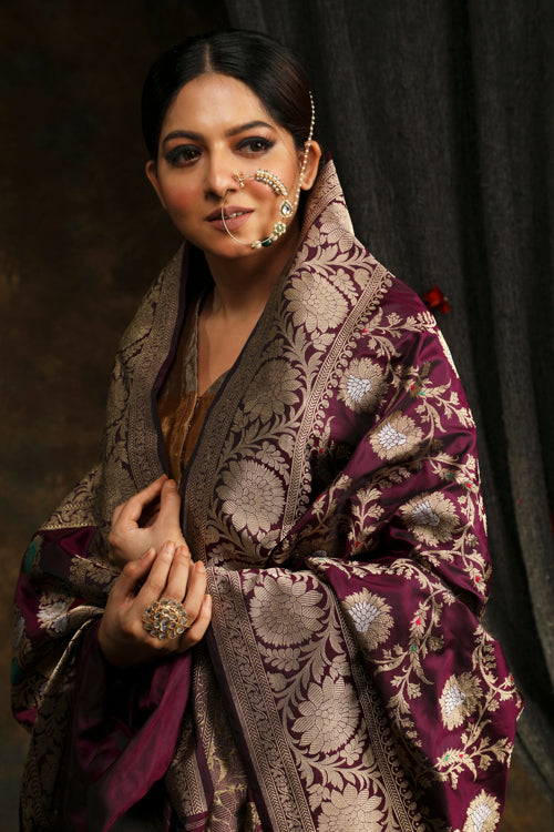 Wine Banarasi Jaal handwoven Sari