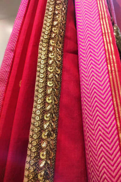 Red cotton silk Sari with golden lace
