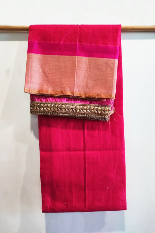Red cotton silk Sari with golden lace