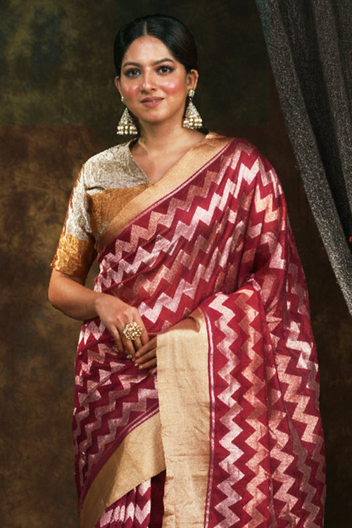 Wine silk sari with zigzag motif