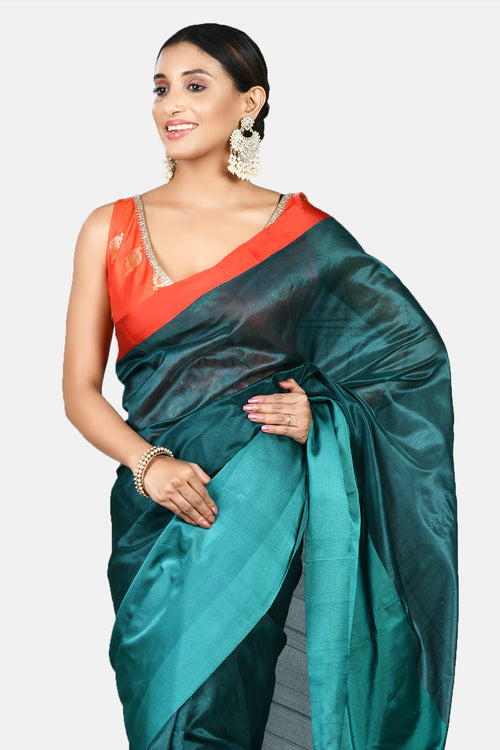Teal silk sari with red border