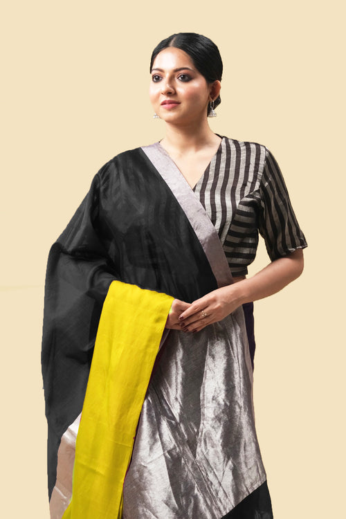 Black cotton silk sari with broad green mushru border