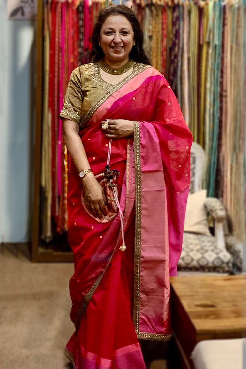 Red cotton silk Sari with golden lace