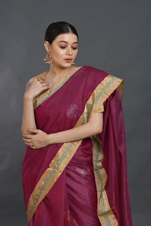 Wine and gold vriksh cotton silk sari