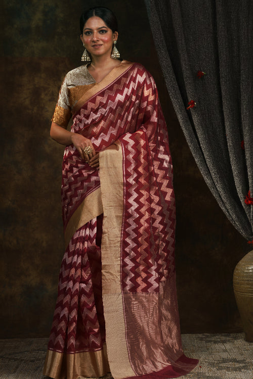 Wine silk sari with zigzag motif