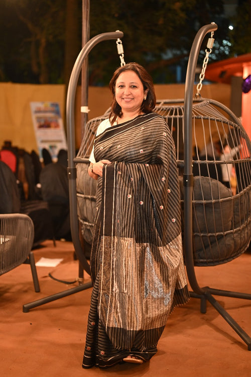 Black stripe silk sari