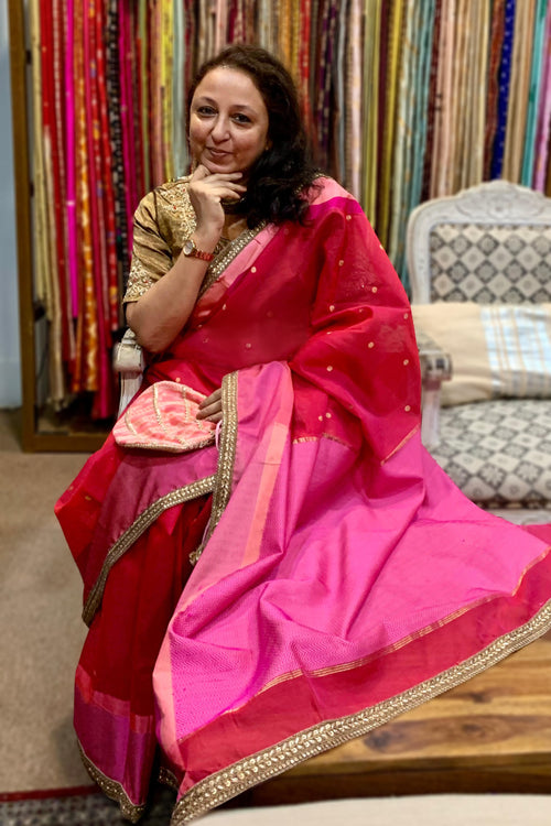 Red cotton silk Sari with golden lace