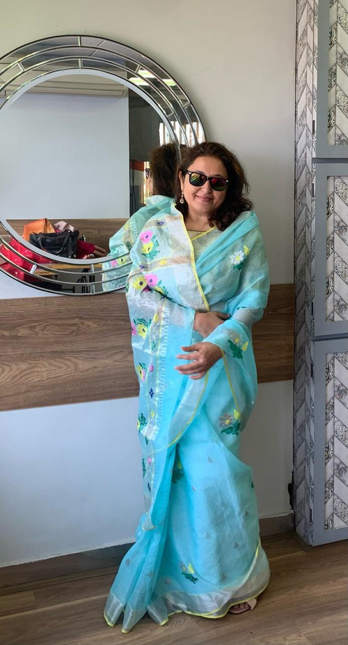 Aqua Blue real Zari Kota sari