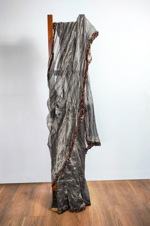 Audrey crushed silver tissue saree with Jhalar/fringe