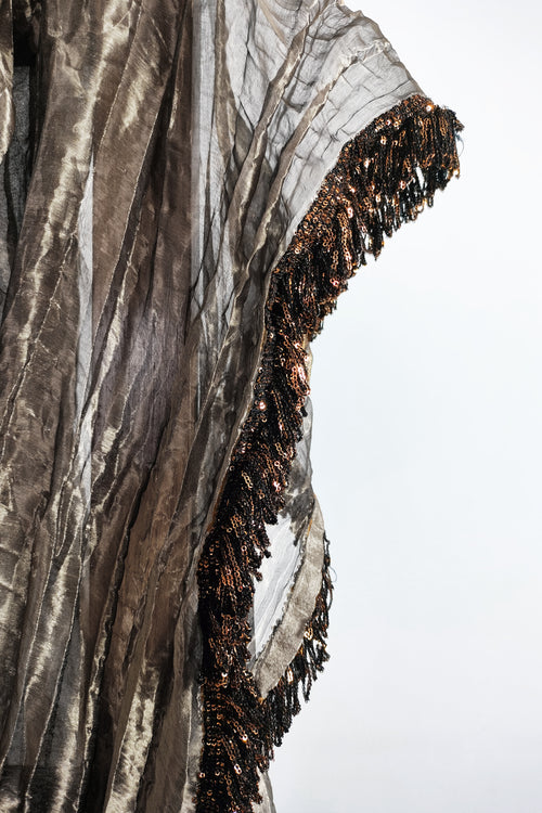 Audrey crushed silver tissue saree with Jhalar/fringe