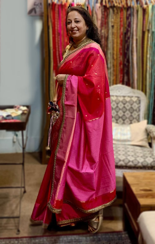 Red cotton silk Sari with golden lace