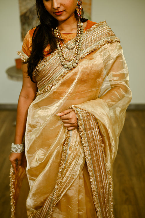 Beige gold silk tissue sari with heavy border