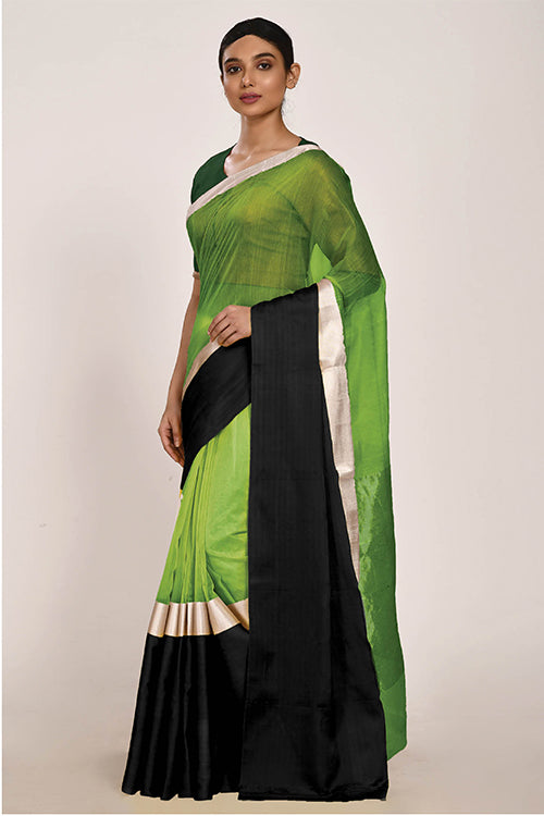 Green Cotton Silk Sari with Black Mashru Border