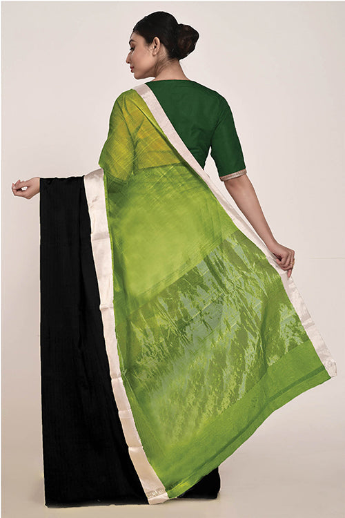Green Cotton Silk Sari with Black Mashru Border