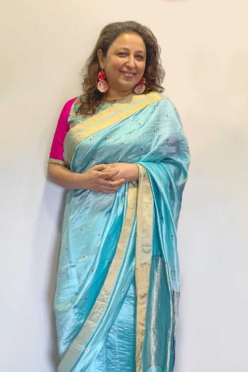 Powder Blue Gehena Silk Sari
